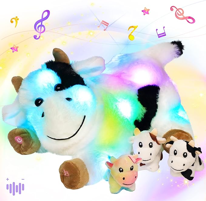 Hopearl LED Musical Stuffed Cow Lighting Up Singing Plush Toy Playset Mommy Cow with 3 Baby Dairy Cows in her Tummy Adjustable Volume Lullaby Animated Soothe for Mom Kids, 15''