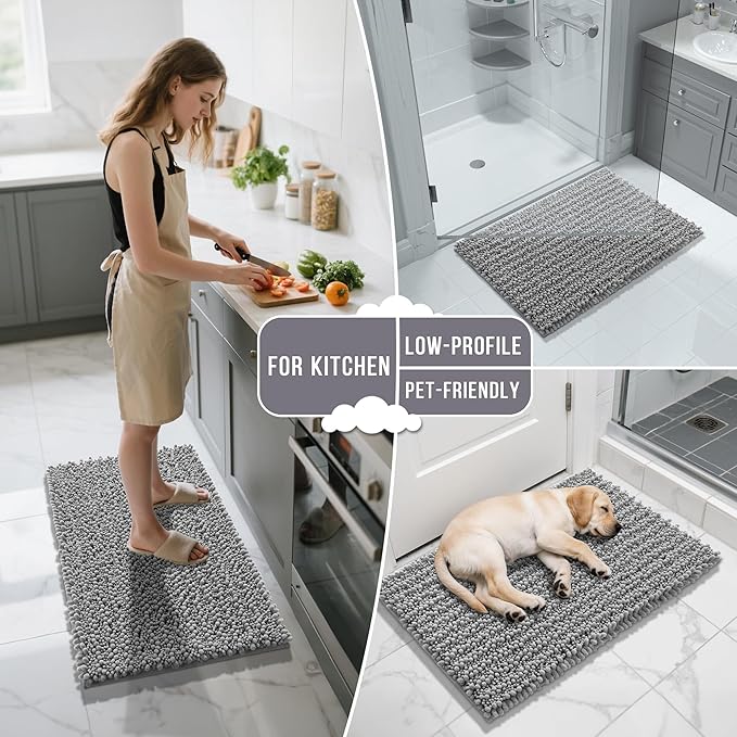 Yimobra Bathroom Rugs Non Slip Washable 32x20 Inch - Ultra Soft Absorbent Chenille Bath Mat, Quick Dry Shaggy Floor Carpet for Tub Shower, Gray Home Decor Accessories