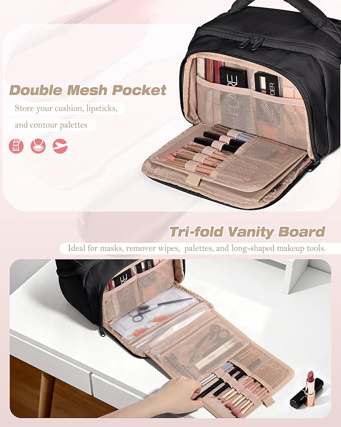 Travel Makeup Bag for Women, Toiletry Organizer with Waterproof Pockets, Puffy Cosmetics Pouch for Makeup Brushes, Skincare & Travel Essentials, Black (Bag only)