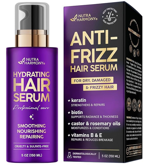 NUTRAHARMONY Hydrating Hair Serum – Keratin Hair Treatment for Dry, Frizzy, Damaged Hair – Biotin, Castor & Rosemary Oils – Anti‑Frizz, Heat Protectant & Split Ends Repair for Smooth, Shiny Hair, 5oz