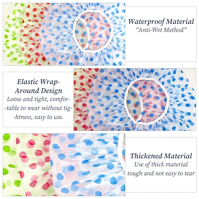 3PCS Shower Caps, Elastic Reusable Waterproof Plastic Shower Cap for Women Ladies Spa Salon Red