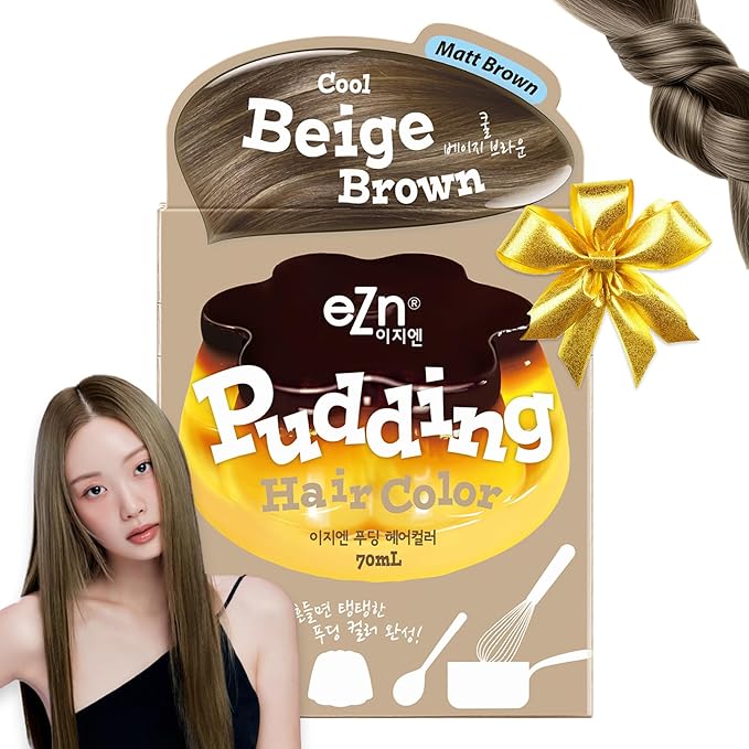 eZn Pudding Hair Dye, Ammonia-Free, Semi-Permanent DIY Korean Hair Dye Color with Keratin, Odorless Gentle for Sensitive Skin No Skin Irritation (Cool Beige Brown)