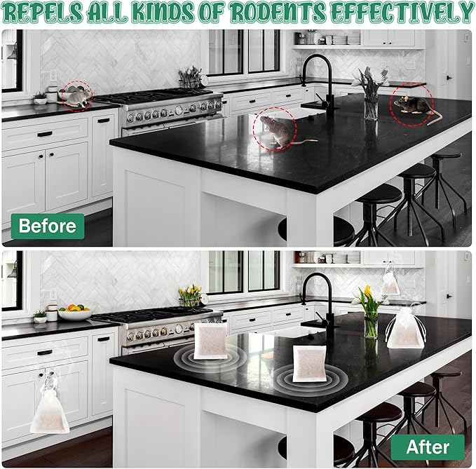 24 Pack Natural Mice Repellent - Peppermint Oil to Repel Rats Mice Vole Mole Deterrent for Car Engines Indoor and Outdoor, Safe for Humans & Pets, Pouches for Other Pest Roaches