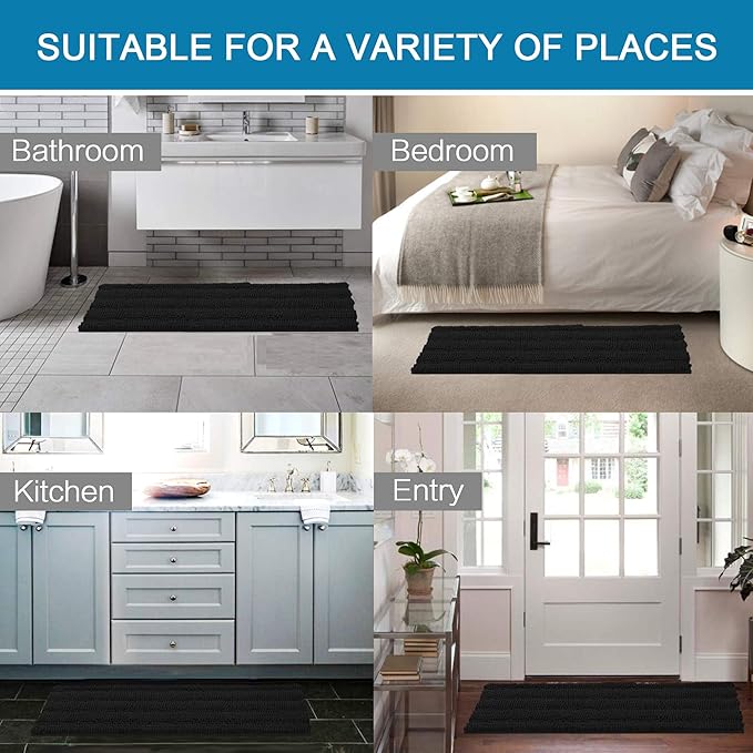 H.VERSAILTEX 2 Piece Bathroom Set - Super Absorbent Chenille Striped Bath Mats, Non Skid, Machine Washable - Jet Black, 47 x 17 Plus 17 x 24 Inches