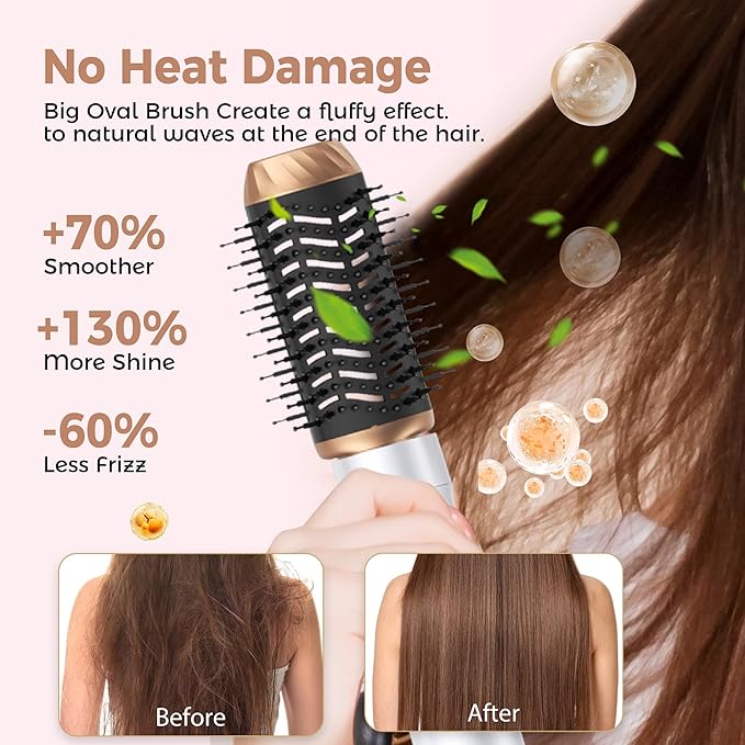 6 in 1 Air Styler Magic Hair Dryer Brush, Negative Ionic Blow Dryer Brush & 3 Heat Settings, Detachable Auto Curling & Straightening Volumizing, Frizz-Free Styling, Salon to Home Use (White-Pink)