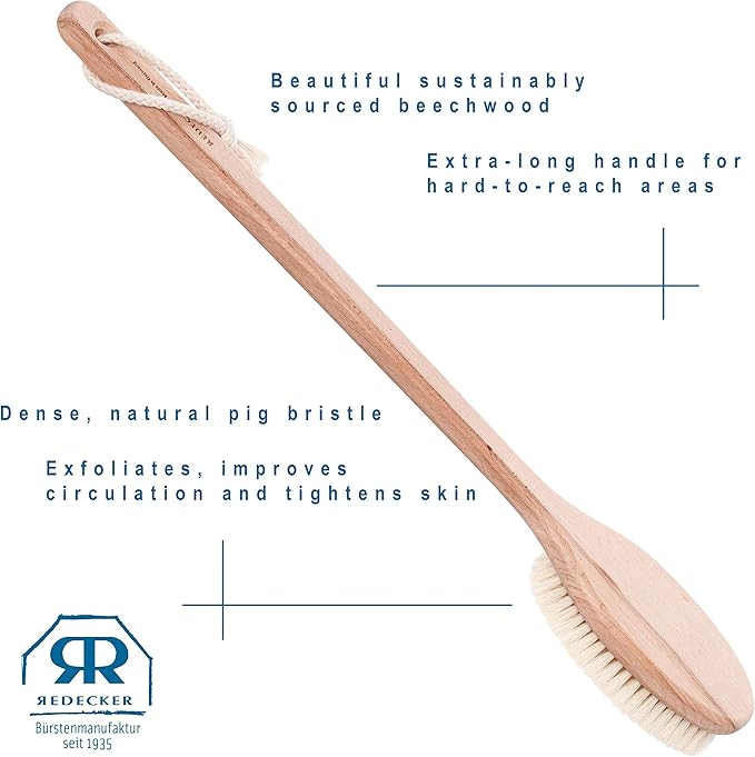 REDECKER Extra Long Beechwood Bath Brush - Natural Pig Bristle Body Brush for Showering, Back Scrubbing, Exfoliating, Dry Brushing and Lymphatic Drainage - Perfect for Hard-to-Reach Areas