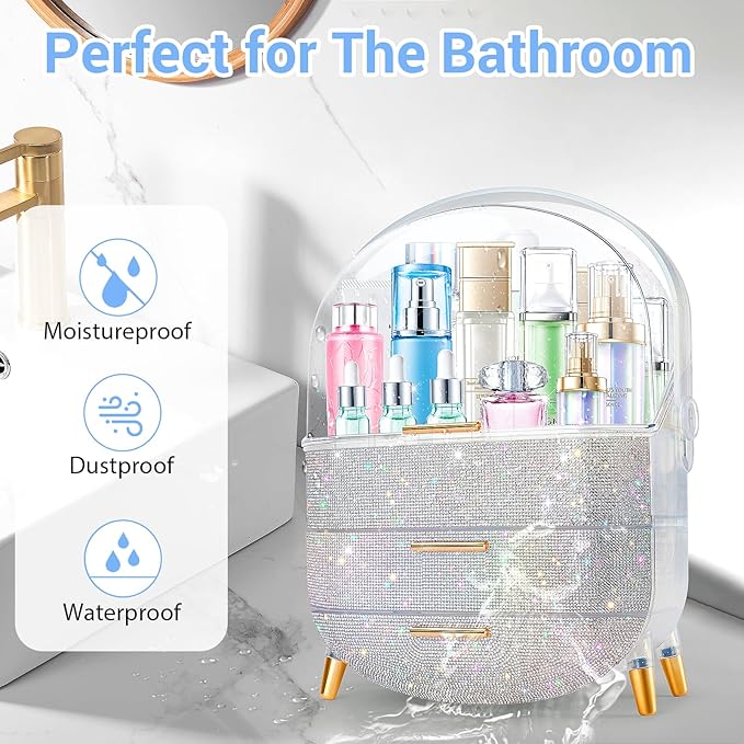 Teen Girls Gift Makeup Organizer, Skincare & Jewelry Storage, Cosmetics Display Case, Makeup Holder, Bathroom Organizer (Bling Rhinestone)