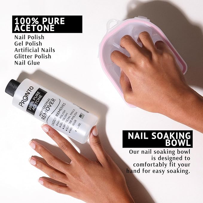 Pronto Gel Nail Polish Remover Kit – 8 Oz Pure Acetone 100 Percent, Nail File, Nail Polish Soak Off Bowl, Cuticle Oil for Nail Care + Manicure Set with Nail Buffer Block, Cuticle Pusher & Nail scraper