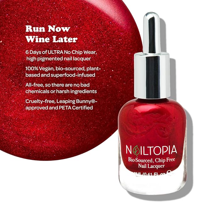 Nailtopia - Plant-Based Chip Free Nail Lacquer - Non Toxic, Bio-Sourced, Long-Lasting, Strengthening Polish - Run Now Wine Later (Wine Red) - 0.41oz
