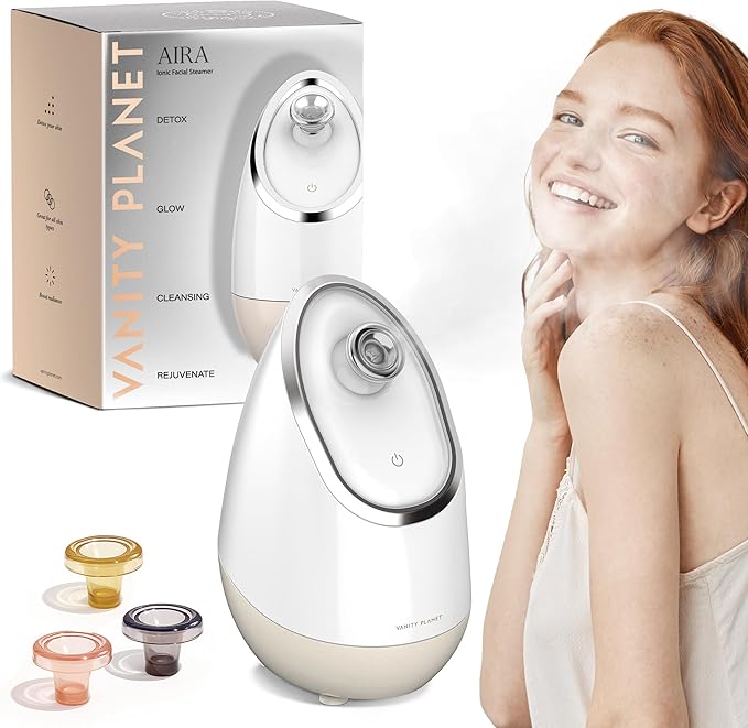 Vanity Planet Aira Ionic Facial Steamer (Beige) - Pore Cleaner That Detoxifies, Cleanses and Moisturizes - Adjustable Nozzle, Water Tank with 3 Essential Oil Baskets