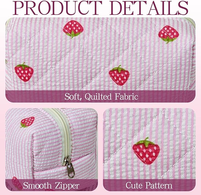 Quilted Makeup Pouch,Cotton Puffy Makeup Bag, Coquette Cosmetic Bag for Women and Girls, Aesthetic Organizer Bag, Cute Flower Travel Toiletry Bag