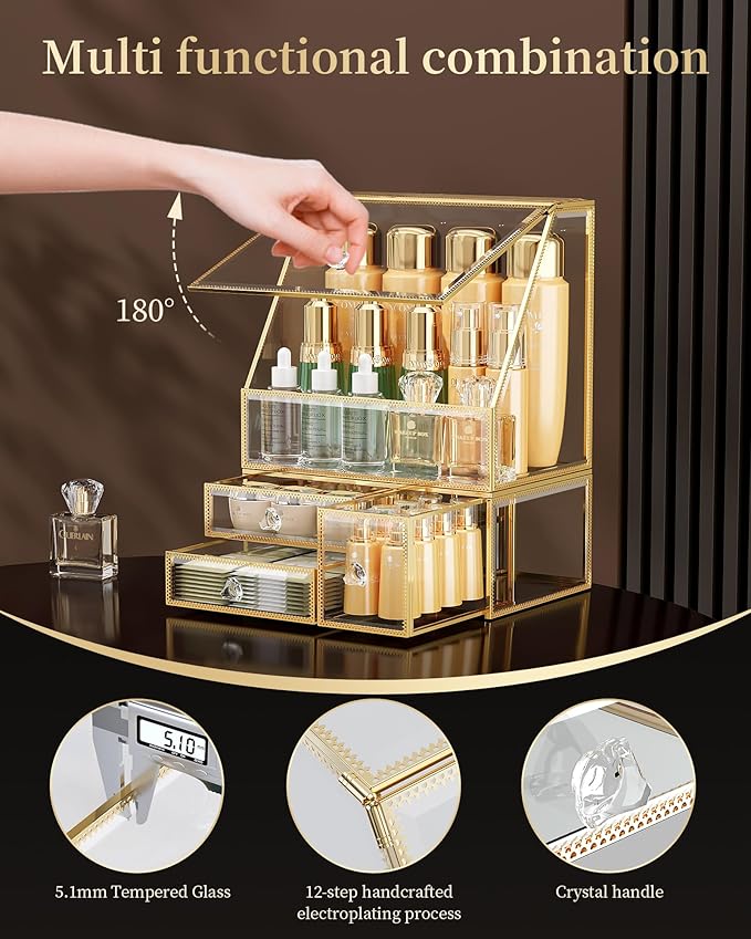 Tempered Glass Makeup Organizer – Clear Vanity Organizer with 18-Slot Lipstick Holder & Brush Organizer, Skincare and Perfume Storage for Dresser, Bathroom, and Countertop Use