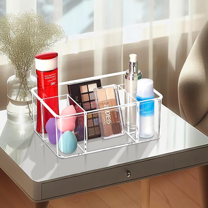 Amazing Abby - Glamour - Acrylic 5-Compartment Makeup Organizer, Transparent Plastic Beauty Supply Holder, Perfect Bathroom Vanity Storage Solution for Makeup Palettes, Makeup Brushes, and More