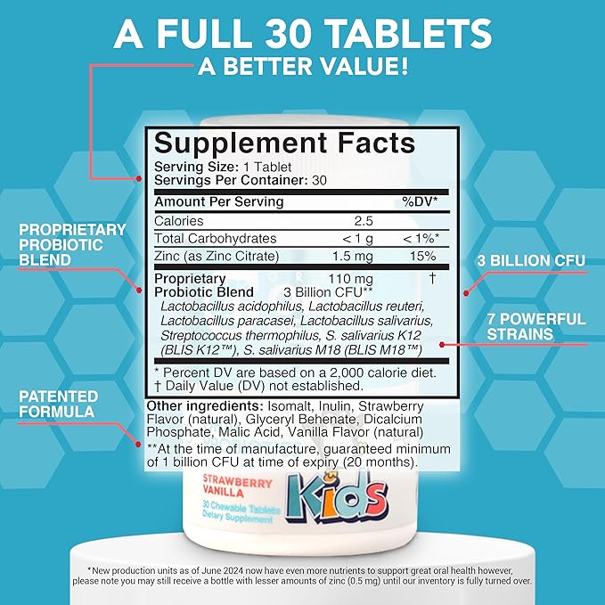 Oral Probiotics for Mouth Bad Breath Treatment for Kids Dental Care & Cavity Prevention with BLIS K12 M18 – Dr Formulated Dental Probiotics for Teeth and Gums, 30 Chewable Tablets Strawberry Vanilla