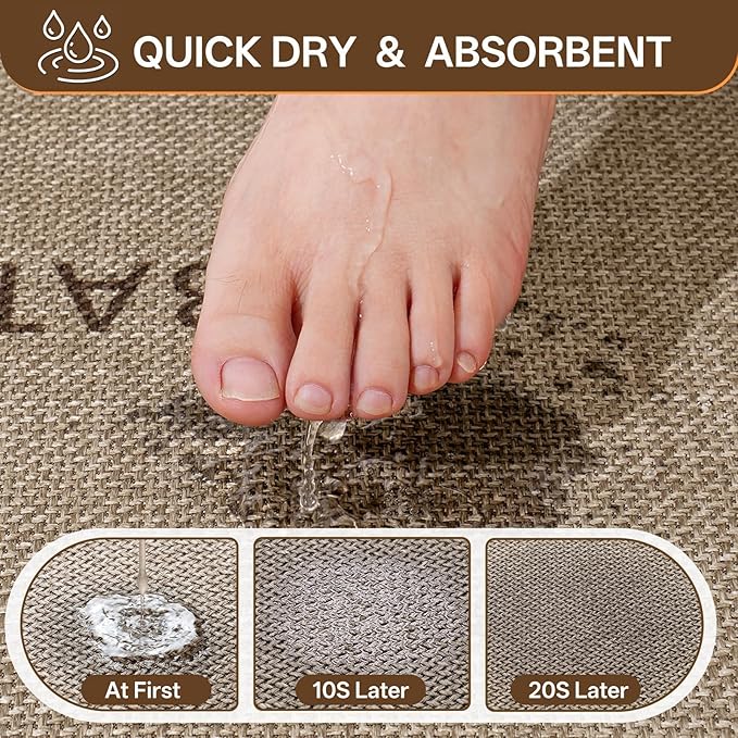 Non-Slip Bath Mat with Upgraded Rubber-Backing, Washable Thin Bath Mats for Bathroom Floor, Absorbent Woven Bathroom Rugs, Quick Dry, Fits Under Door, 24x36, Border Brown