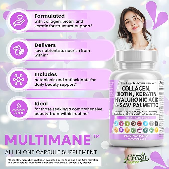Clean Nutraceuticals Collagen Pills 1000mg Biotin 10000mcg Keratin Saw Palmetto Hyaluronic Acid - Hair Skin & Nails Vitamins & DHT Blocker with Vitamin E Folic Acid Pumpkin Seed MSM - 90 Count