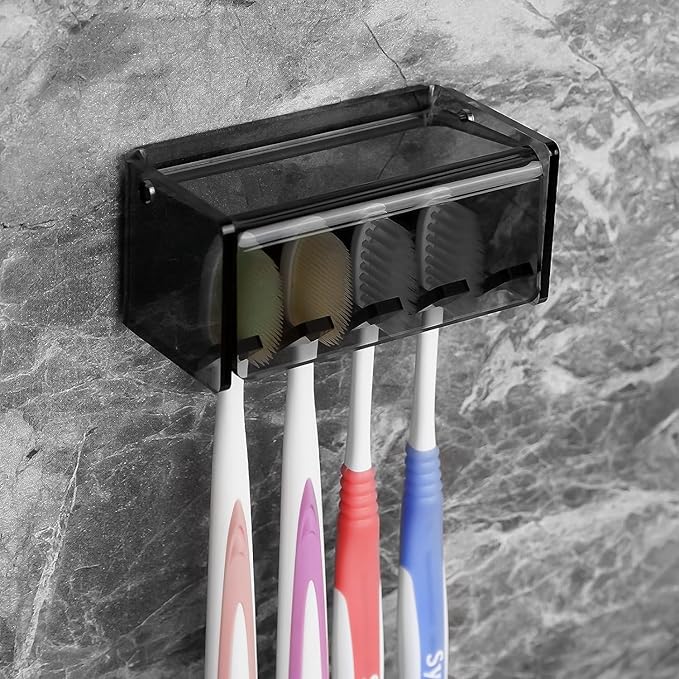Toothbrush Holder Wall Mounted with Cover for Bathroom, 4 Slots Toothbrush Storage Organizer for Shower, Self Adhesive Toothbrush Hanger Rack for Dorm, Cabinet (Gray Clear)