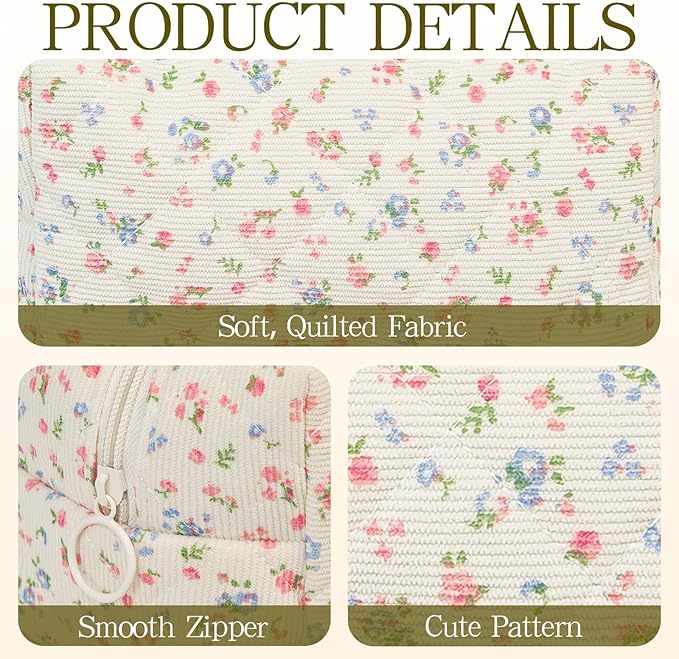 Quilted Makeup Pouch,Cotton Puffy Makeup Bag, Coquette Cosmetic Bag for Women and Girls, Aesthetic Organizer Bag, Cute Flower Travel Toiletry Bag