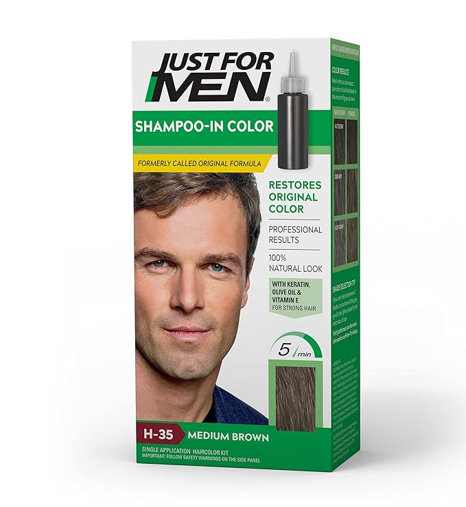 Just For Men Shampoo-In Color (Formerly Original Formula), Mens Hair Color with Keratin and Vitamin E for Stronger Hair - Medium Brown, H-35, Pack of 1