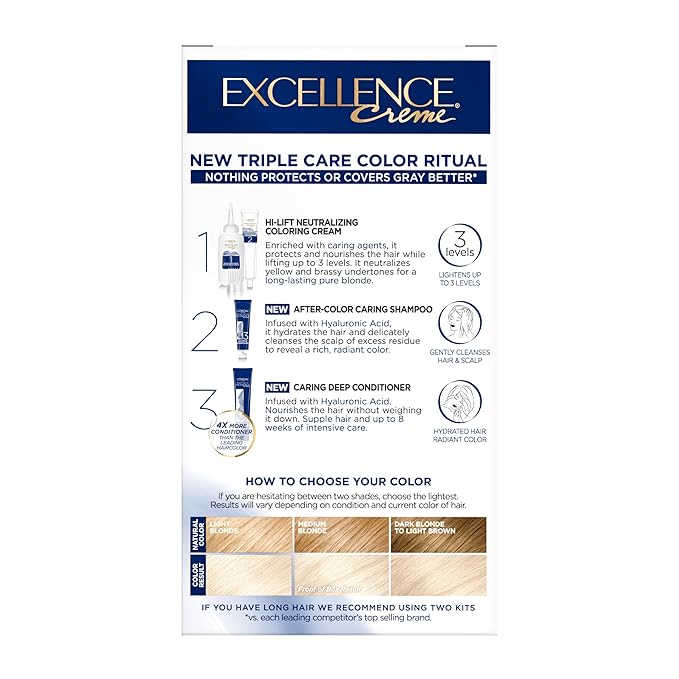 L'Oreal Paris Excellence Crème Permanent Hair Dye, Triple Care Hair Color with Pro-Keratine Complex for 100% Gray Hair Coverage, 02 Extra Light Natural Blonde, 1 Kit