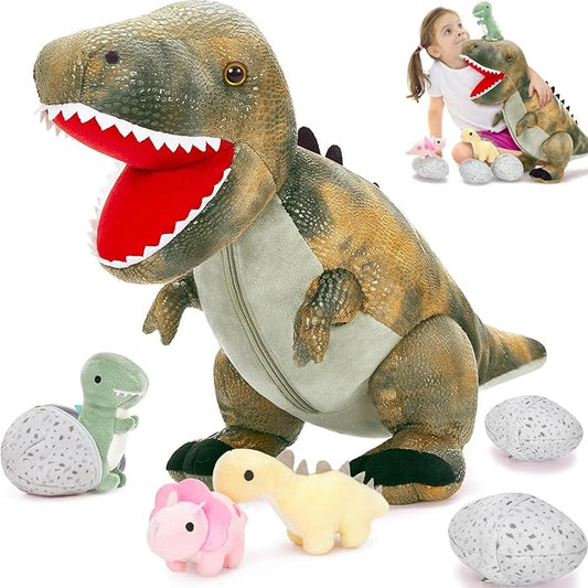 MorisMos Dinosaur Stuffed Animals Set,23.6'' Big Stuffed Dinosaur Mommy + 3 Baby Dino Toys+3 Plush Dino Eggs, Boy Girl T-Rex Toys for Kid Birthday Gift,Realistic T-rex, CPC Certified,Machine Washable