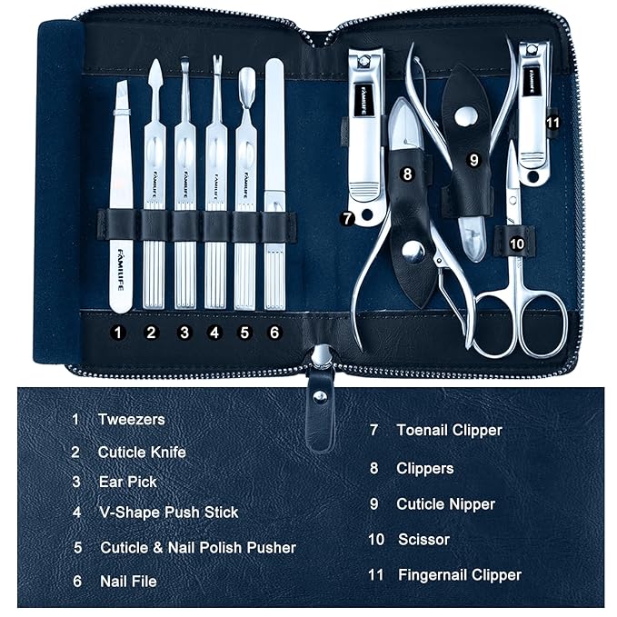 Manicure Kit, FAMILIFE Professional Manicure Set Nail Kit, 11 in 1 Stainless Steel Nail Clippers Set for Men Pedicure Tool, Men Grooming Tool with Portable Blue Leather Travel Case Luxury Gifts