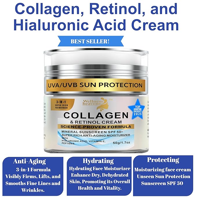 Face Moisturizer with SPF | Sunscreen for Face | Collagen, Retinol, Hyaluronic Acid Cream | Age-Defying, Lift & Firm Cream | Lotion for Women | Collagen Peptides | Anti-Aging Moisturizer | 1.7oz