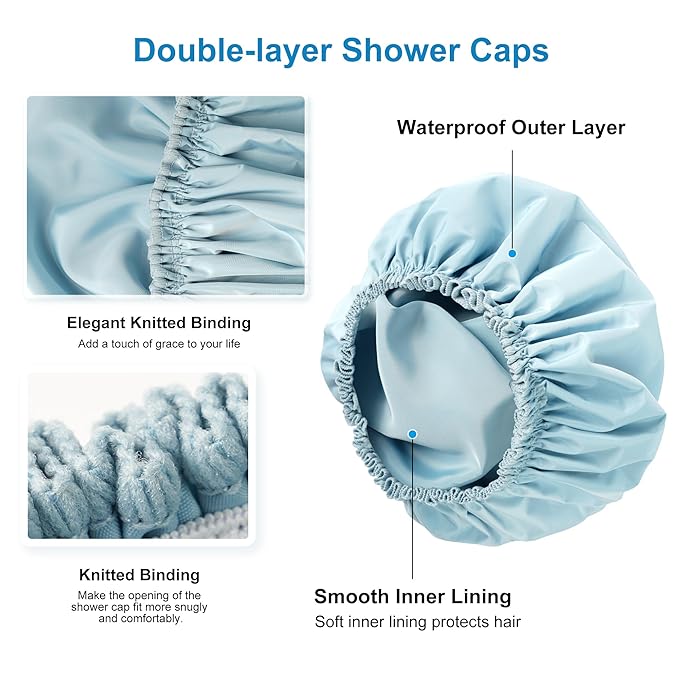 Shower Cap for Women, Double Layer Waterproof Bath Cap, Reusable Hair Protector, Large Waterproof Shower Bonnet Washable Elastic Band Bath Hair Hat for Long Hair, Braids， - Blue