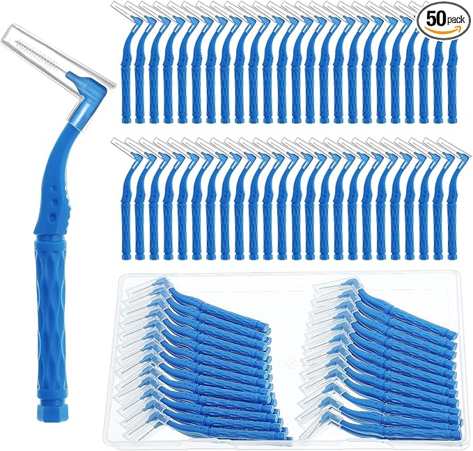 50pcs Interdental Brushes, Blue Soft Dental Brushes with Non-Slip Handle Angled Head Tooth Picks Floss Sticks Dental Floss Brushes for Braces Oral Cleaning Narrow Gaps Between Teeth