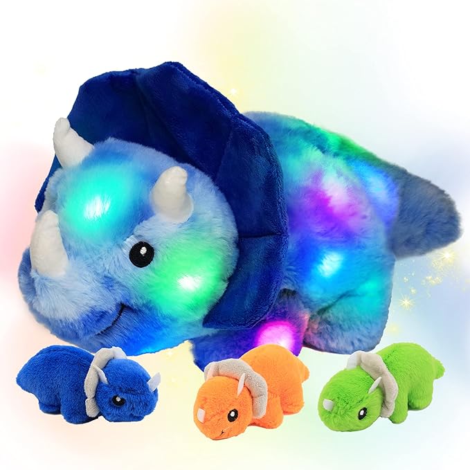 Hopearl LED Plush Dinosaur Lighting Up Stuffed Mommy Triceratops with 3 Babies in her Tummy Floppy Stuffed Animal Playset Night Lights Glow in The Dark Gifts for Kids Toddler Boys, Blue, 15''