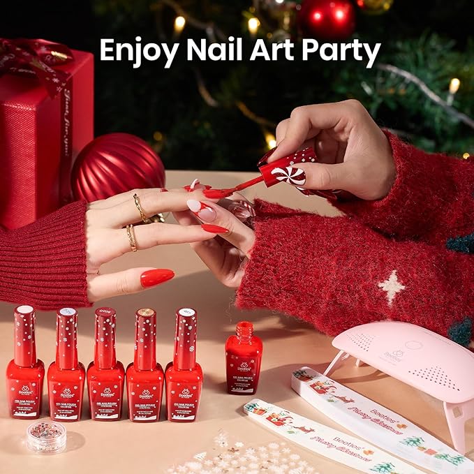 Beetles 27Pcs Christmas Gel Nail Kit Gifts for Women Teen Girls - 6 Colors Red Gold Cat Eye Glitter Merry Glitz Gel Nail Polish Kit with U V Light Jelly Winter Set Soak Off Salon DIY Manicure Set