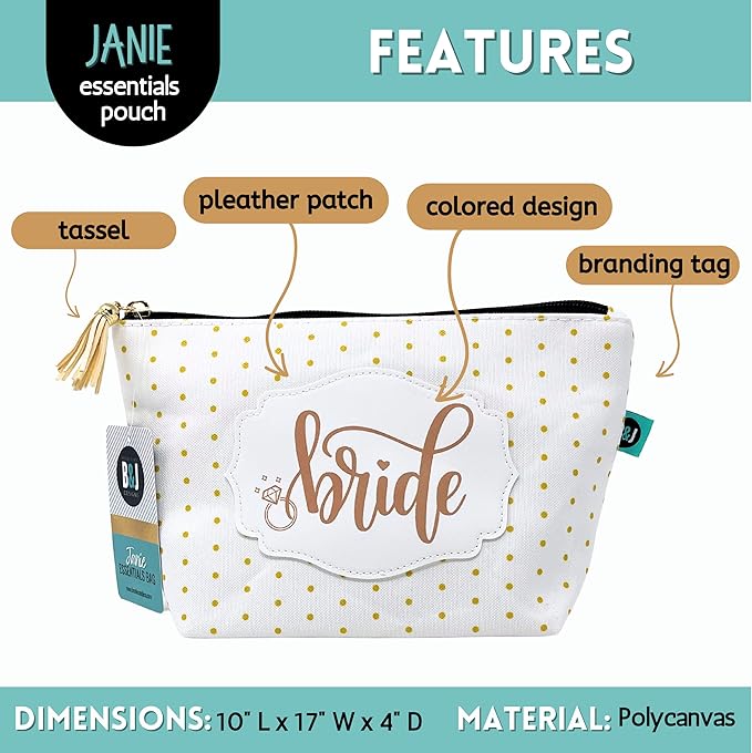 Brooke & Jess Designs Bride Janie Pouch Gifts for Women Gold Dotted Makeup Bags Cosmetic Bag Travel Toiletry Makeup Pouch Pencil Bag with Zipper Best Wedding Gifts