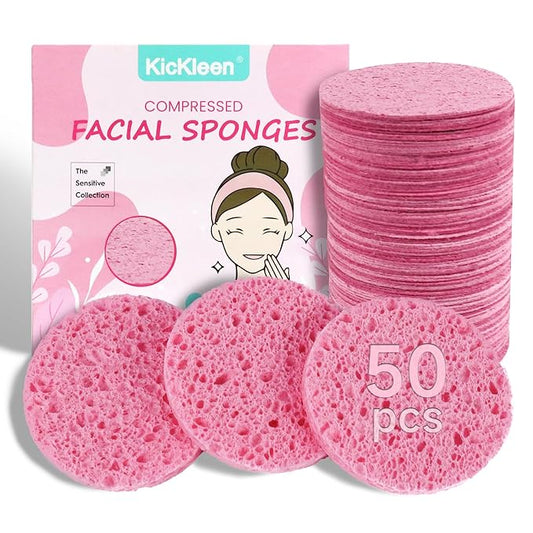50-Count Compressed Facial Sponges|Kickleen 100% Natural Cellulose Cosmetic Spa Sponges for Daily Facial Cleansing|Makeup and Mask Removal|Exfoliating|Skin Massage|Pore Exfoliation (50 Count (Pink))