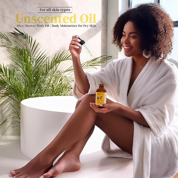 Almond Coconut Unscented Moisturizing Body Oil with Fractionated Coconut Oil, Vitamin E, Radiant Looking Glow and Skin Hydration, Instant Absorption, Body, After-Shower oil, 4 Ounces