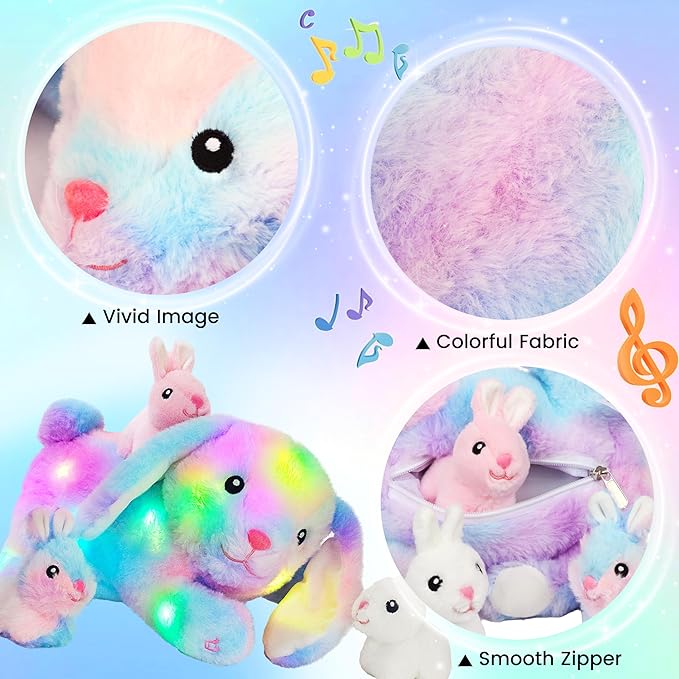 Hopearl LED Musical Stuffed Bunny Light up Singing Plush Toy Playset Mommy Rabbit with 3 Baby Bunnies in her Tummy Adjustable Volume Lullaby Animated Soothe Gifts for Kids Toddler Girls, Rainbow, 12''