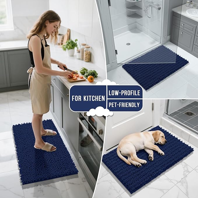 Yimobra Bathroom Rugs Non Slip Washable 32x20 Inch - Ultra Soft Absorbent Chenille Bath Mat, Quick Dry Shaggy Floor Carpet for Tub Shower, Navy Blue Home Decor Accessories