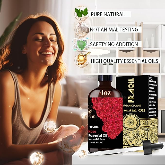 Rose Essential Oil, Rose Oil 4 Fl Oz 120ML for Diffuser Humidifier Yoga Cleaning DIY Candle Soap Making Perfume Gift for Women Essential Oils