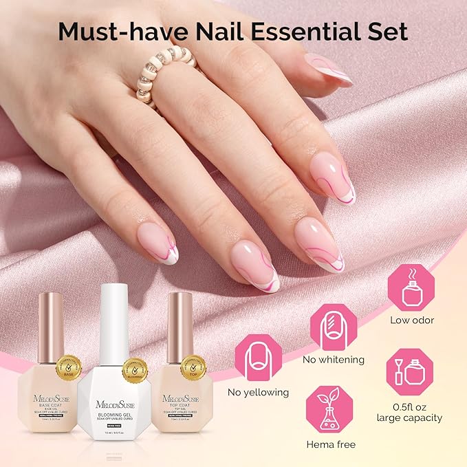 MelodySusie Hema Free Top Coat Base Coat Blooming Gel Set Long Lasting Shine Finish Soak Off UV LED Nail Lamp Nail Art Design Manicure Kit Perfect Gifts for Women Girls 3 Pcs 15ml Clear