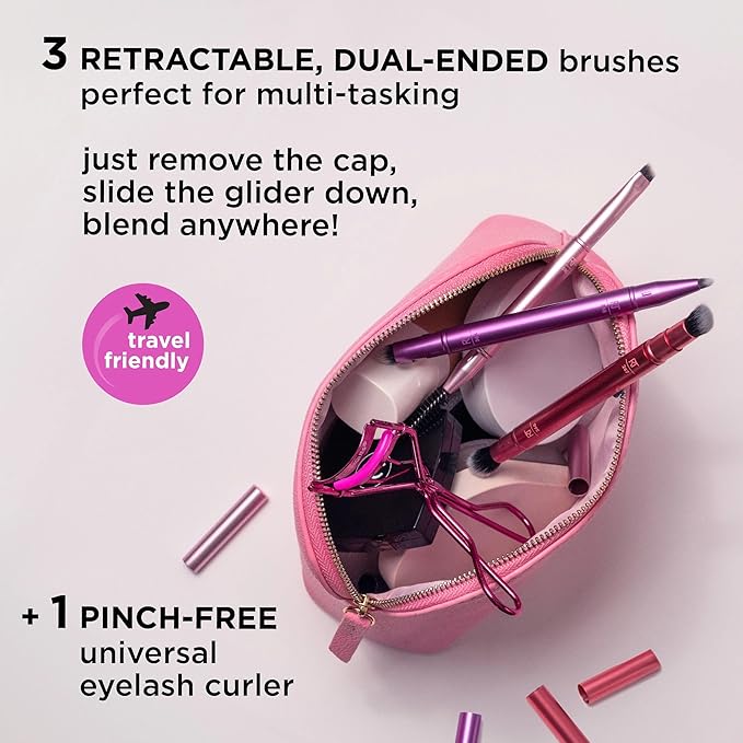 Real Techniques Double Time Brush + Lash 4 Piece Set, Dual-Ended Eye Makeup Brushes For Eyeshadow & Brows, Travel-Friendly Brush Caps For Storage, Eyelash Curler Included, Cruelty-Free