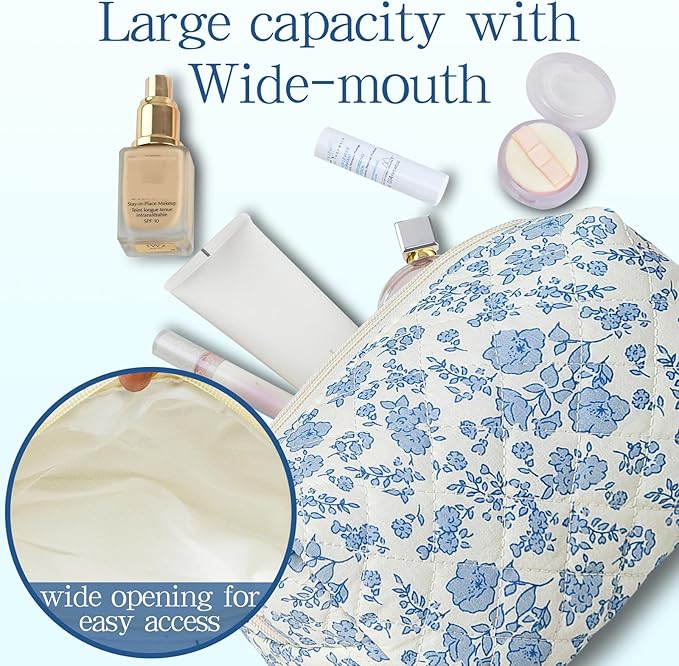 Quilted Makeup Pouch,Cotton Puffy Makeup Bag, Coquette Cosmetic Bag for Women and Girls, Aesthetic Organizer Bag, Cute Flower Travel Toiletry Bag