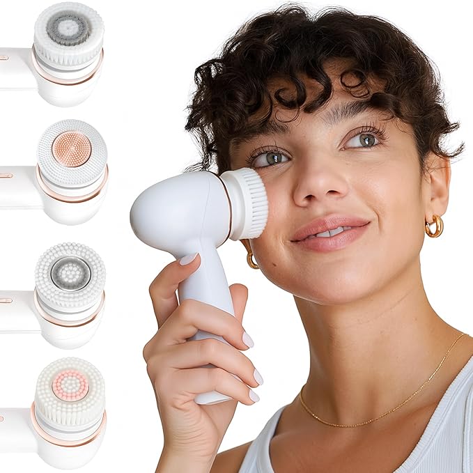 Vanity Planet Raedia 2.0 Facial Cleansing Brush, 4 Interchangeable Brush Heads, White - Daily Cleansing Face Exfoliator for Glowing & Acne Prone Skin - Lightweight Silicone Water-Resistant Body Brush