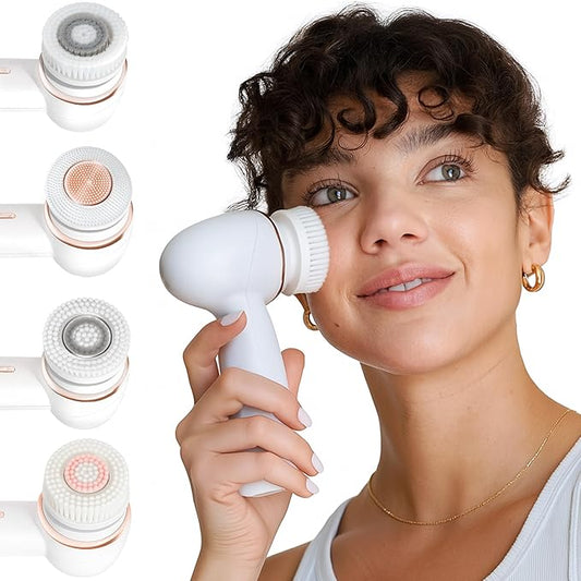 Vanity Planet Raedia 2.0 Facial Cleansing Brush, 4 Interchangeable Brush Heads, White - Daily Cleansing Face Exfoliator for Glowing & Acne Prone Skin - Lightweight Silicone Water-Resistant Body Brush