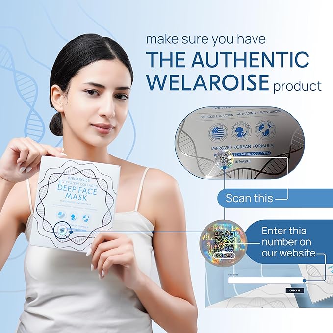 Welaroise Bio Protein Collagen Hydrogel Deep Face Mask +35% More Collagen, Intense Hydration & Moisturization, Firming, Anti-Aging, Skin Renewal, Korean Skincare (Pack of 16)