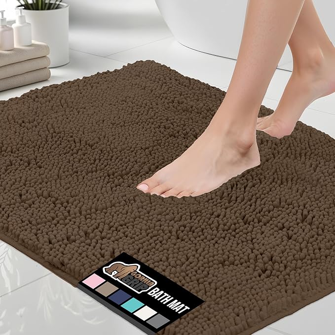 GORILLA GRIP Bath Rug Mat, Thick Soft Absorbent Chenille, Quick Dry Microfiber Mats, Rubber Backing Washable Shower Floor Rugs, Bathmat Runner, US Designed Bathroom Home Decor Accessories 24x17, Brown