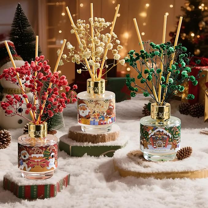 Airkeep Reed Diffuser Set of 3,Balsam & Cedar Balsam & Fir Christmas Spice Oil Reed Diffusers for Bedroom Living Room Office Aromatherapy Oil Reed Diffuser for Gift 50ml x 3