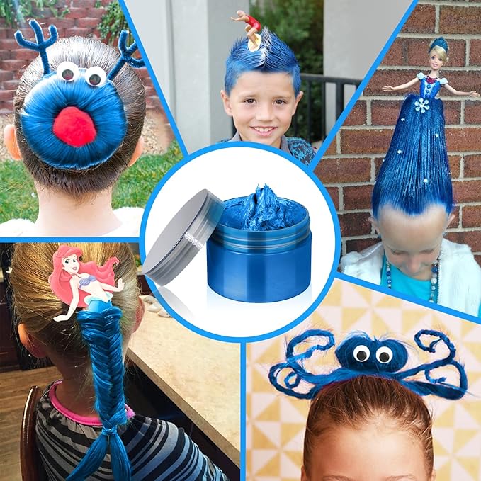 Blue Temporary Hair Color Wax Kit for teenagers,Crazy Hair Day Accessories, Gifts for Kids,Instant Hair Dye Color Wax for Party, Cosplay, Halloween, Christmas,Washable Crazy Hair Style