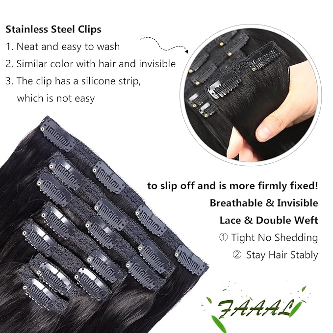 22" Clip in Human Hair Extensions Full Head 200g 10 Pieces 22 Clips 1# Jet Black Double Weft Brazilian Real Remy Hair Extensions Thick Straight Silky (22",200g Jet Black)