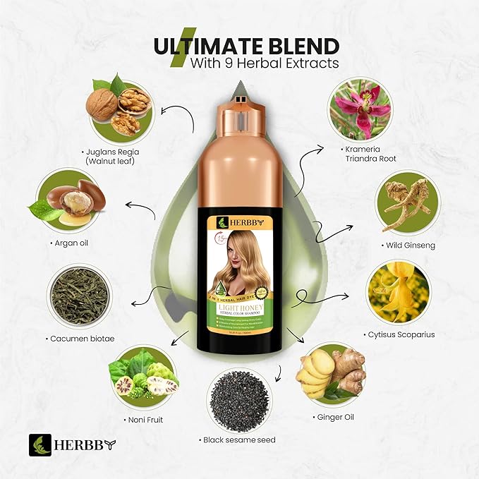 HERBBY Hair Color Shampoo for Gray Hair Coverage&Color Transform with 9 Herbal Extracts –Long Lasting(6-8 Weeks),Shiny,Evenly Colored,Instant Hair Dye Shampoo&Conditioner, 500 Ml (LIGHT HONEY COLOR)