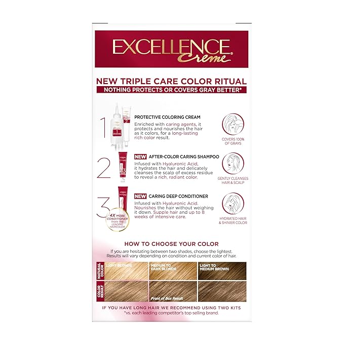 L'Oreal Paris Excellence Crème Permanent Hair Dye, Triple Care Hair Color with Pro-Keratine Complex for 100% Gray Hair Coverage, 7 Dark Blonde, 1 Kit