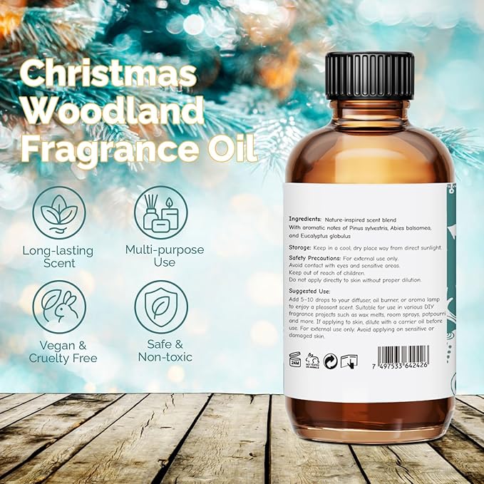 Christmas Woodland Fragrance Oil 2 Oz, Natural Scent Oil for Home Essential Oils Diffuser, Candle Making, Soap Making, DIY Body Oils, Perfume, Body Mist, Spray - Fall Winter Scent